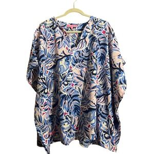 Simply Southern Womens XL Tropical Monstera Leaf Print Poncho Top Blue Pink